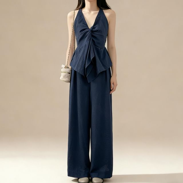 Sleeveless Asymmetric Top + High-Waist Wide-Leg Pants Set