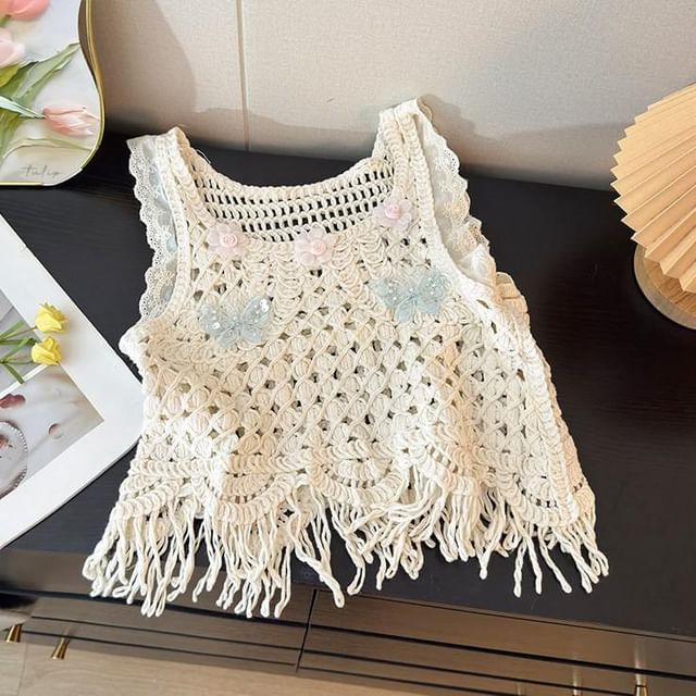 Crochet Fringed Crop Top with U-Neckline
