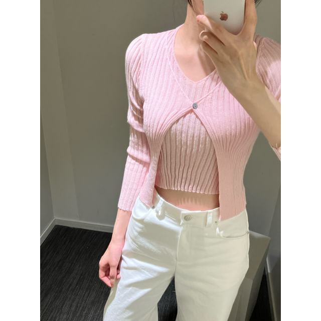Halter Ribbed Knit Top + V-Neck Cardigan Set