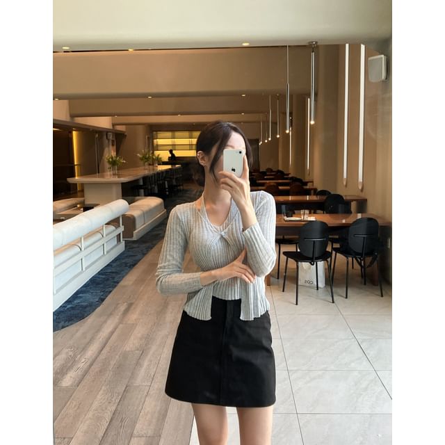 Halter Ribbed Knit Top + V-Neck Cardigan Set