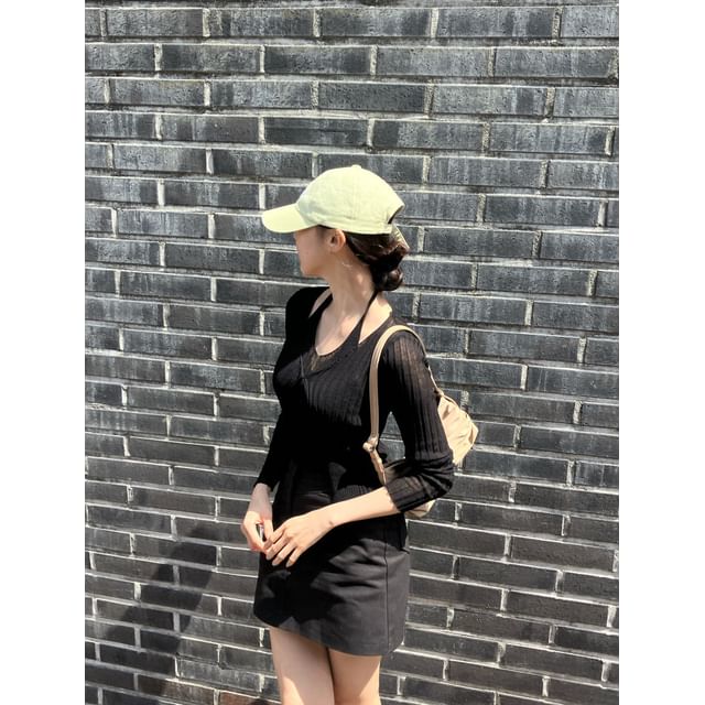 Halter Ribbed Knit Top + V-Neck Cardigan Set