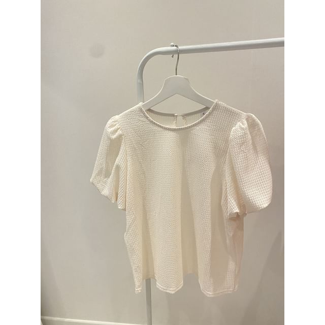 Puff Sleeve Round Neck Waffle Knit Top