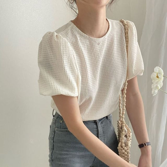 Puff Sleeve Round Neck Waffle Knit Top