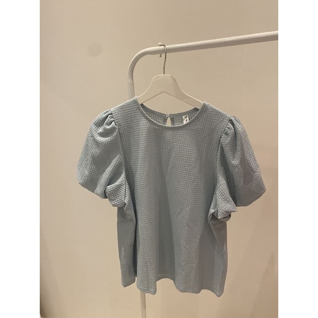 Puff Sleeve Round Neck Waffle Knit Top