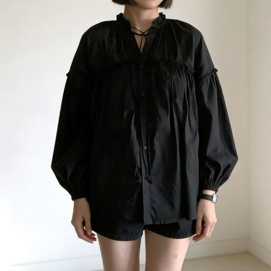 Long Sleeve Gathered Panel Blouse with Tie Neck