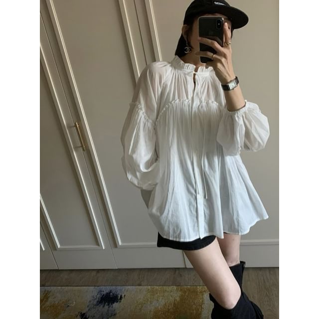 Long Sleeve Gathered Panel Blouse with Tie Neck