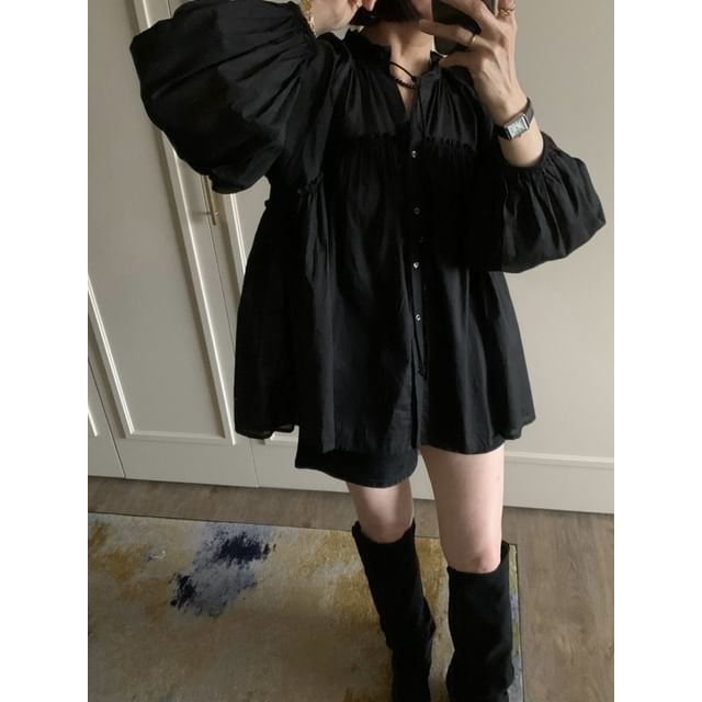 Long Sleeve Gathered Panel Blouse with Tie Neck