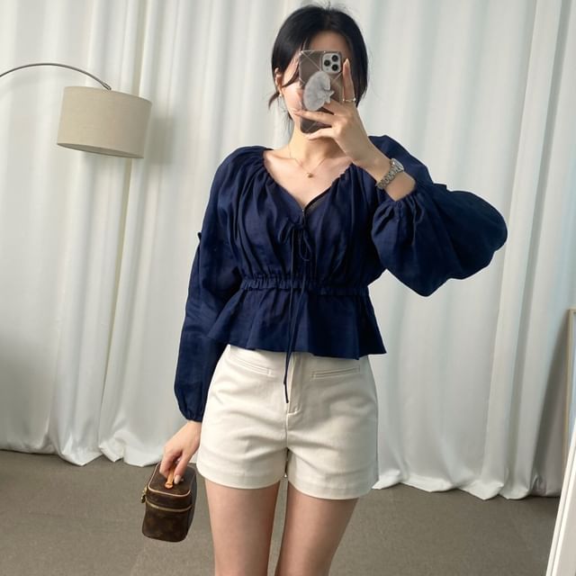 Peplum Tie-Front V-Neck Blouse with Cinched Sleeves
