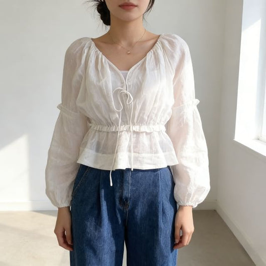 Peplum Tie-Front V-Neck Blouse with Cinched Sleeves