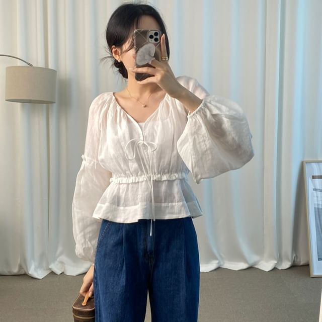 Peplum Tie-Front V-Neck Blouse with Cinched Sleeves