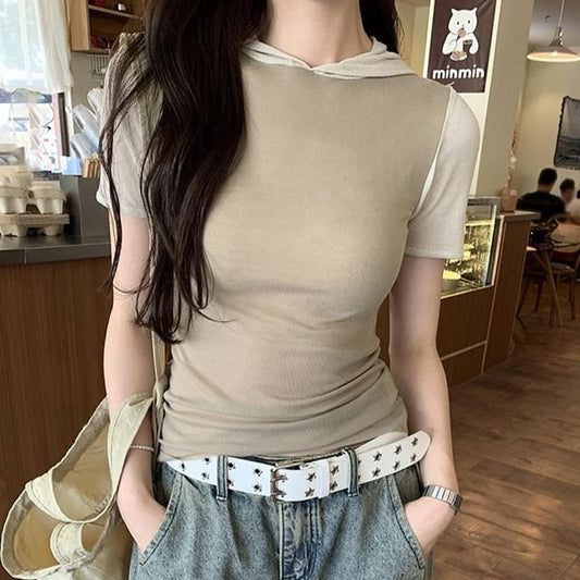 Hooded Two-Tone Short Sleeve T-Shirt