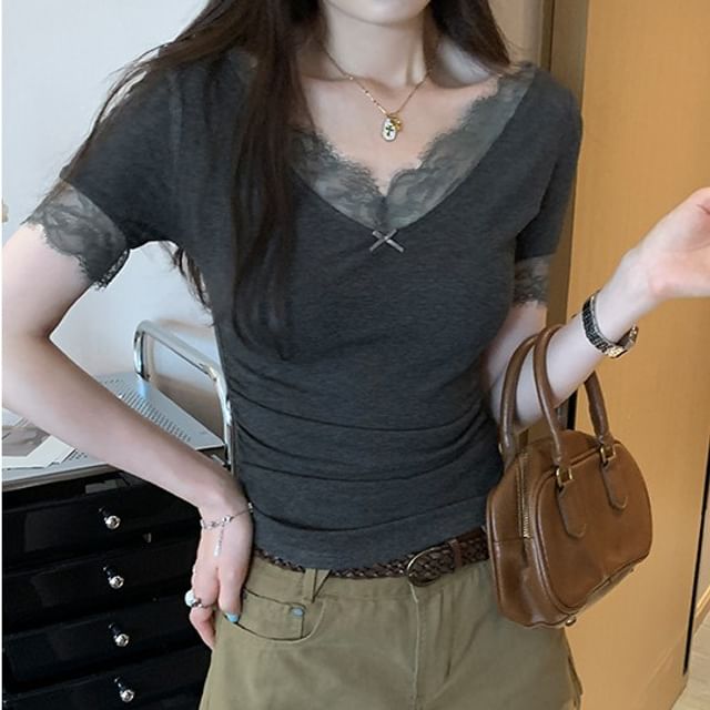 Ruched Lace-Trim V-Neck Tee with Short Sleeves
