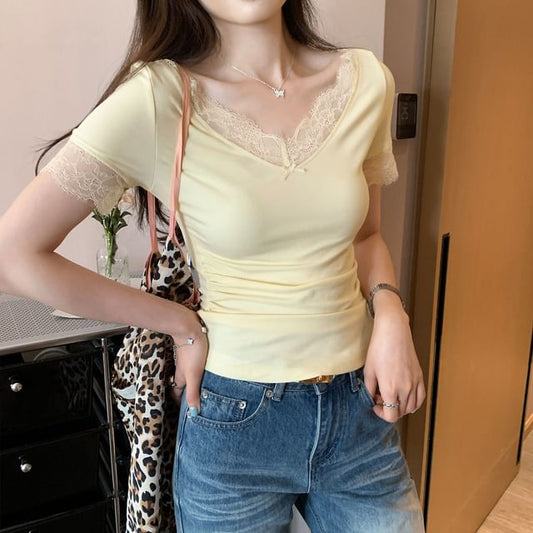 Ruched Lace-Trim V-Neck Tee with Short Sleeves
