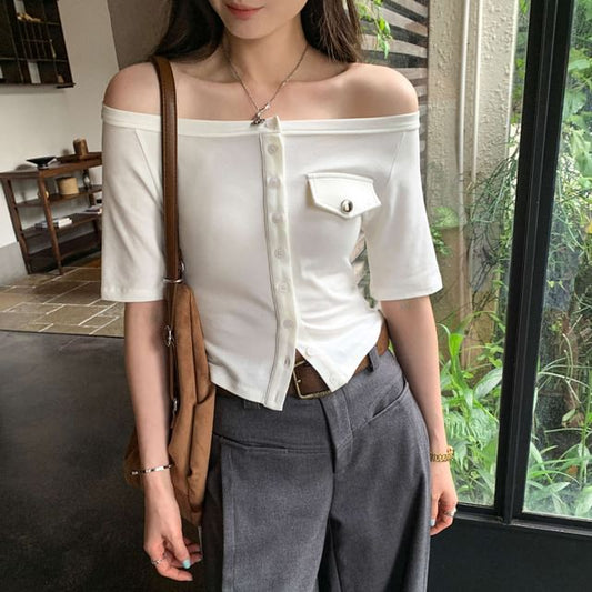 Off-Shoulder Button-Up Short Sleeve T-Shirt
