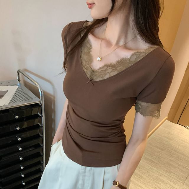 Ruched Lace-Trim V-Neck Tee with Short Sleeves
