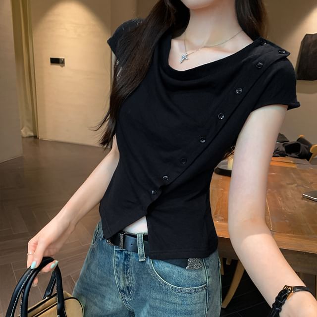 Off-Shoulder Button Front Short Sleeve Tee