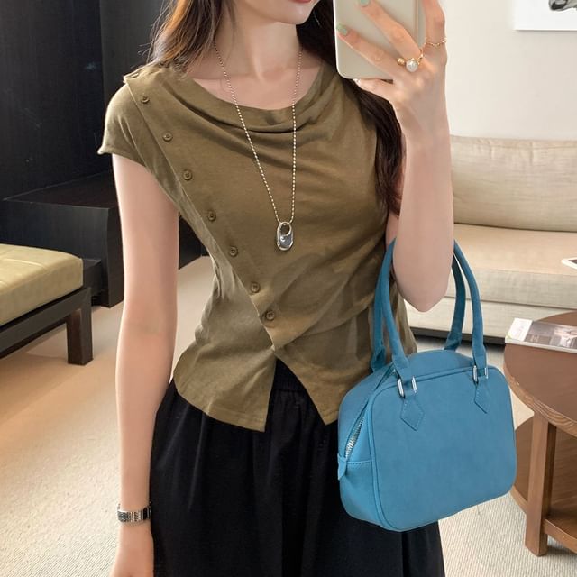 Off-Shoulder Button Front Short Sleeve Tee