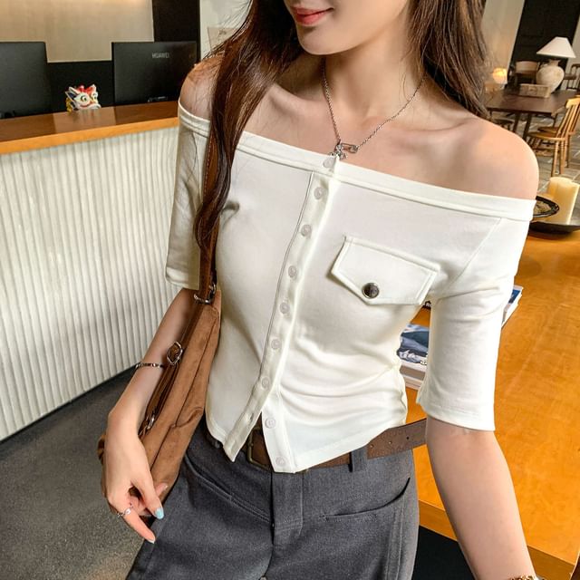 Off-Shoulder Button-Up Short Sleeve T-Shirt
