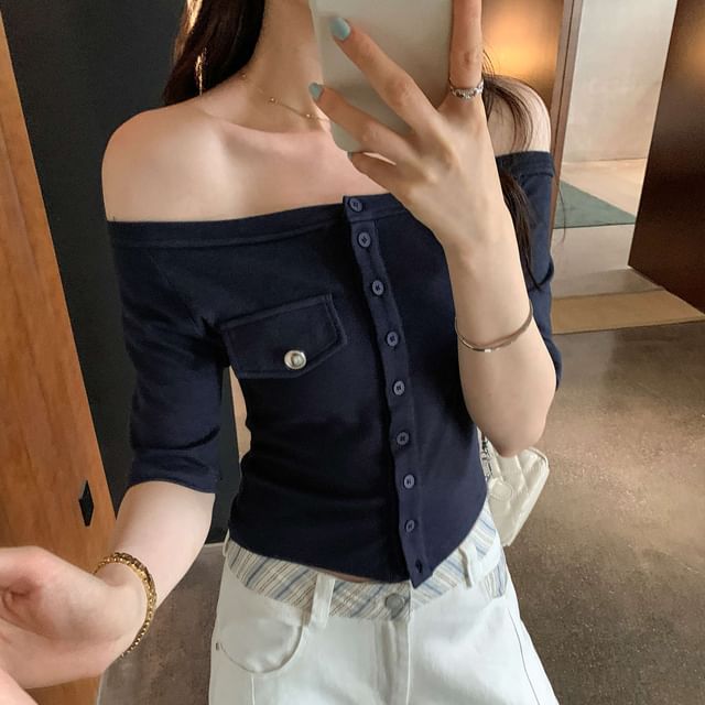 Off-Shoulder Button-Up Short Sleeve T-Shirt