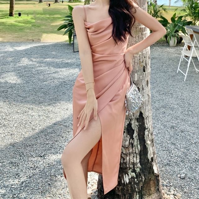Spaghetti Strap Plain Ruched Slit Midi Sheath Dress