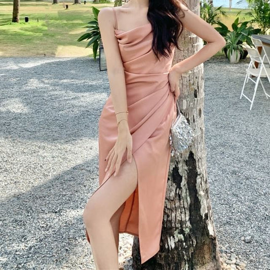 Spaghetti Strap Plain Ruched Slit Midi Sheath Dress