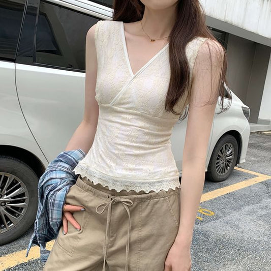 Lace V-Neck Cropped Tank with Slim Fit