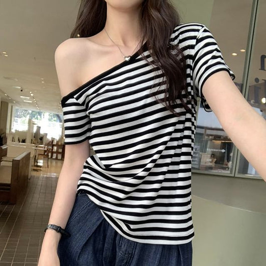 Striped Off-Shoulder Tee with Short Sleeves