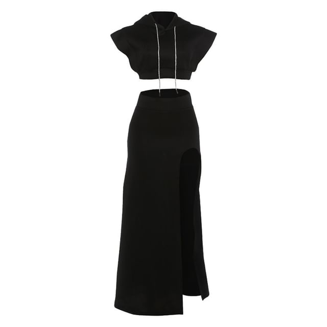 Hooded Crop Top + High-Waist Slit Maxi Skirt Set