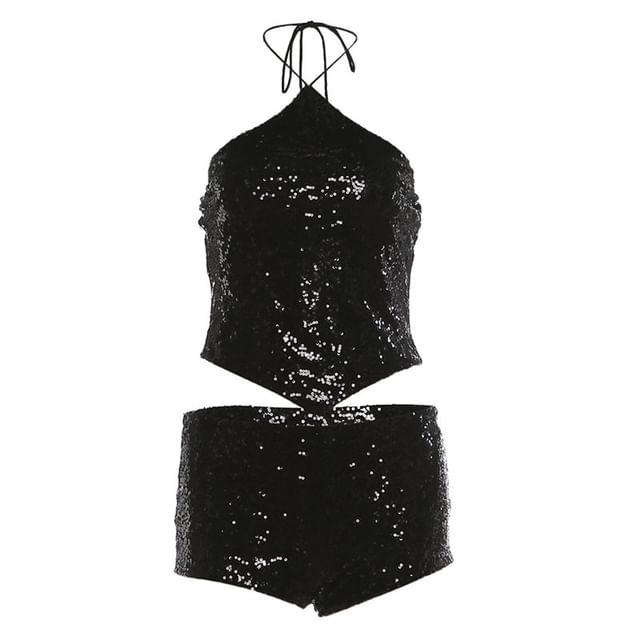 Sequined Halter Crop Camisole + Mid-Rise Shorts Set