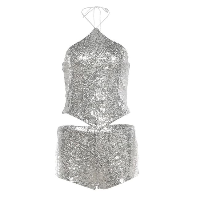 Sequined Halter Crop Camisole + Mid-Rise Shorts Set