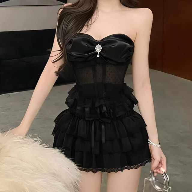 Peplum Mesh Tube Bustier Top with High Waist Tiered Lace Mini Skirt