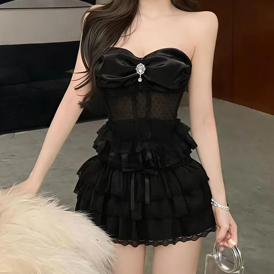 Peplum Mesh Tube Bustier Top with High Waist Tiered Lace Mini Skirt