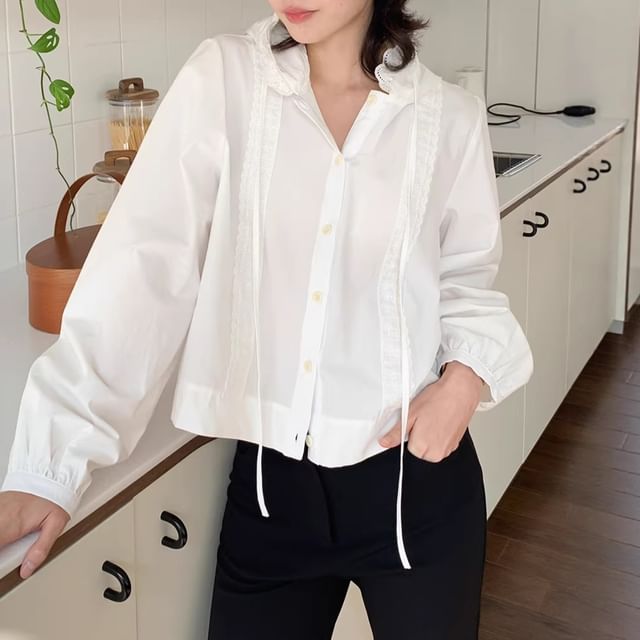 Hooded Lace-Trim Button-Up Blouse with Solid Design