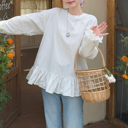 Ruffle-Trim Round-Neck Blouse with Long Sleeves