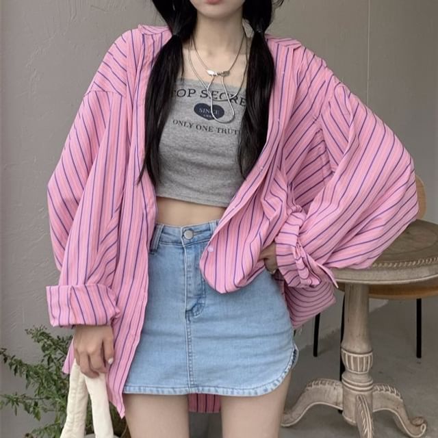 Oversized Striped Collared Shirt with Long Sleeves