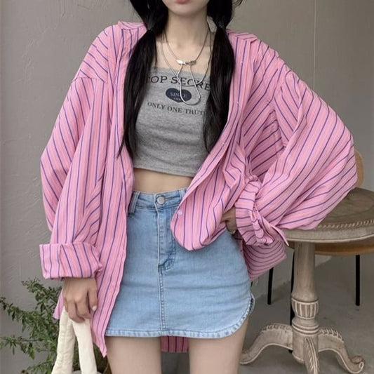 Oversized Striped Collared Shirt with Long Sleeves