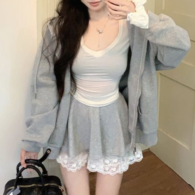 Drop-Shoulder Zip Hoodie and Lace-Trim Mini A-Line Skirt Set