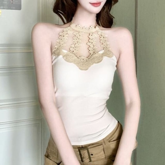 Halter Neck Lace Trim Plain Crop Top