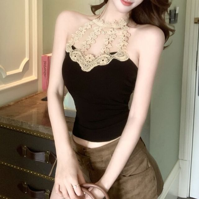 Halter Neck Lace Trim Plain Crop Top