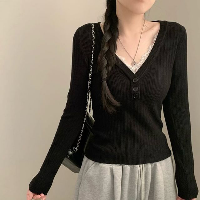 Long Sleeve V-Neck Lace Trim Button Ribbed Knit Top