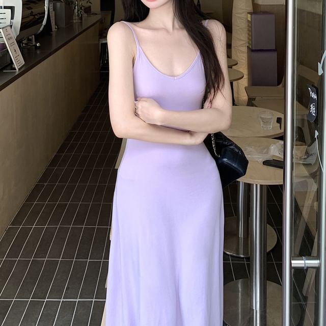 Long-Sleeve Off Shoulder Plain Drawstring T-Shirt / Spaghetti Strap Plain Midi A-Line Dress
