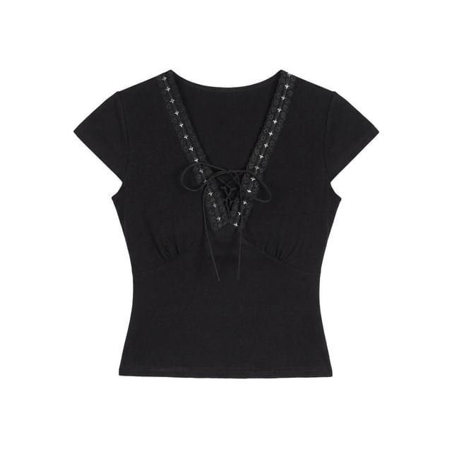 Short Sleeve V-Neck Lace-Up Plain Slim-Fit Crop Top