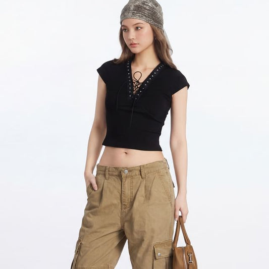Short Sleeve V-Neck Lace-Up Plain Slim-Fit Crop Top