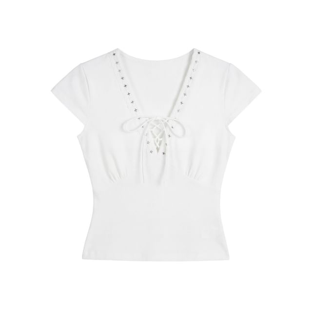 Short Sleeve V-Neck Lace-Up Plain Slim-Fit Crop Top