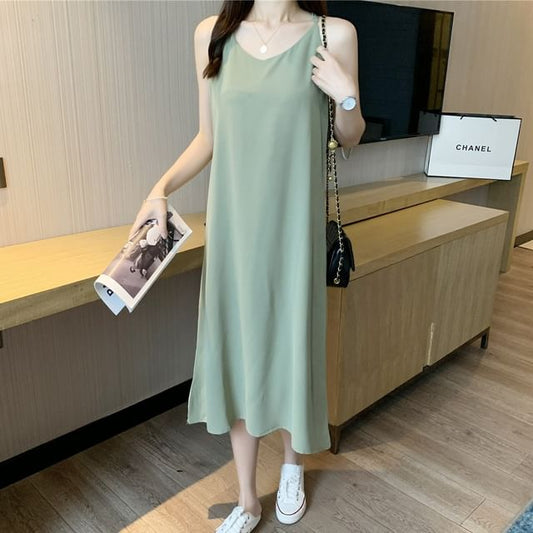 Spaghetti Strap V-Neck Plain Midi A-Line Dress