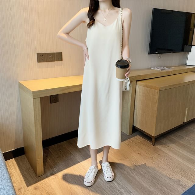 Spaghetti Strap V-Neck Plain Midi A-Line Dress