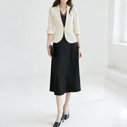 Set: Spaghetti Strap V-Neck Plain Midi A-Line Dress + Elbow-Sleeve Crop Blazer