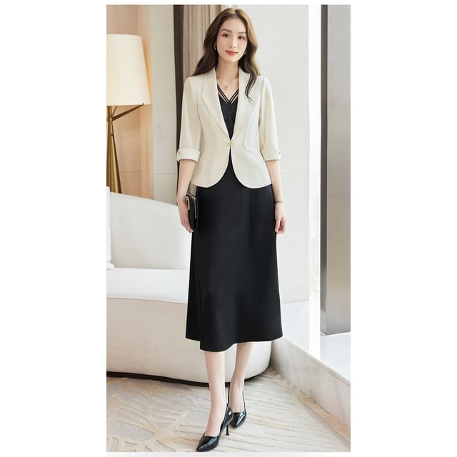 Set: Spaghetti Strap V-Neck Plain Midi A-Line Dress + Elbow-Sleeve Crop Blazer