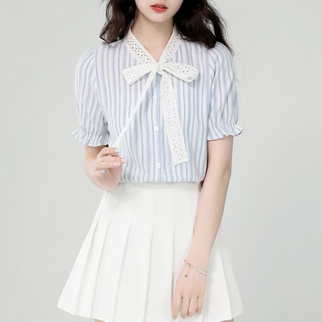 Puff-Sleeve Tie-Neck Shadow Stripe Lace Trim Shirt