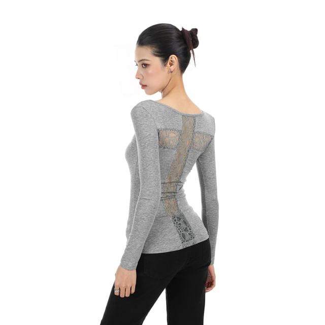 Long-Sleeve Scoop Neck Lace Panel Slim Fit T-Shirt